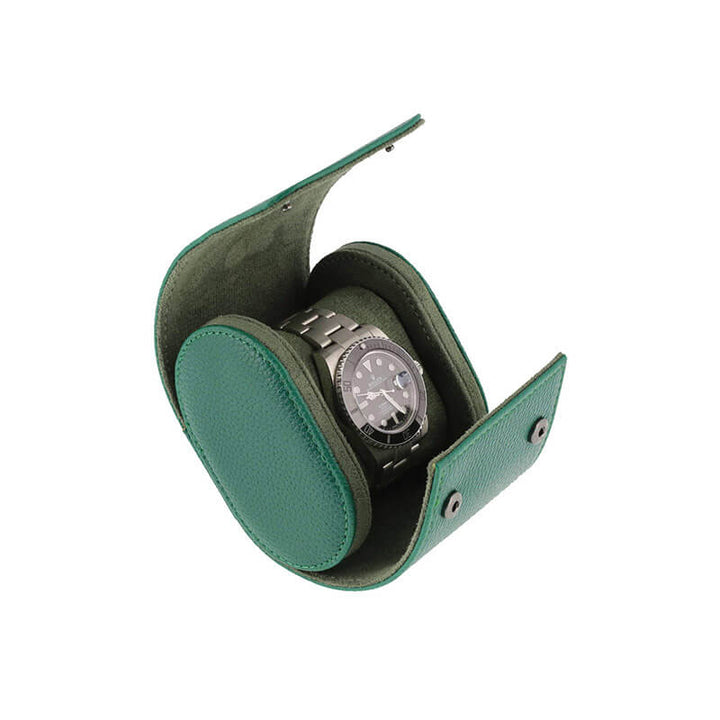 Premium Single Watch Roll Green Leather with Super Soft Suede Lining