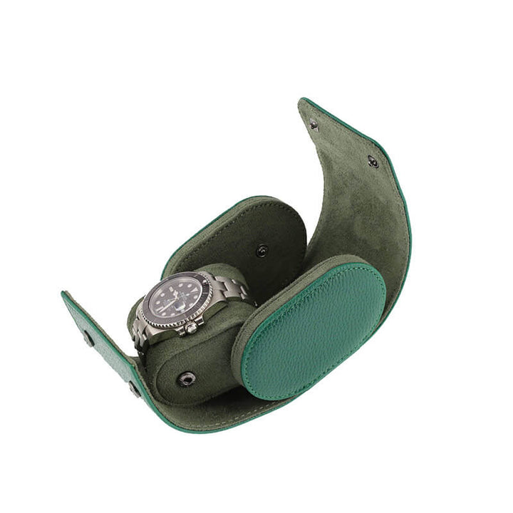 Premium Single Watch Roll Green Leather with Super Soft Suede Lining