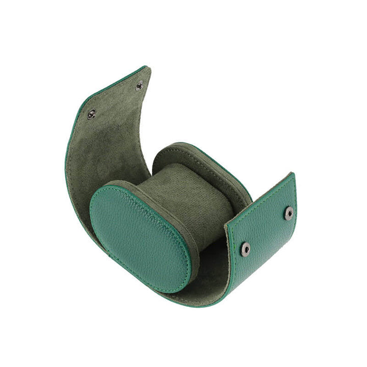 Premium Single Watch Roll Green Leather with Super Soft Suede Lining