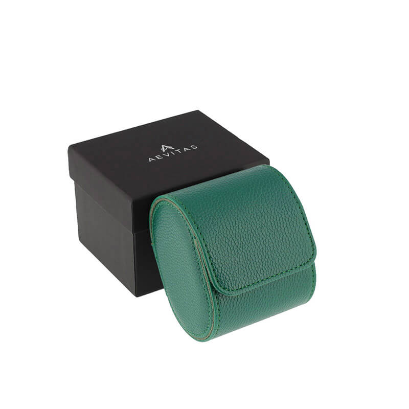 Premium Single Watch Roll Green Leather with Super Soft Suede Lining