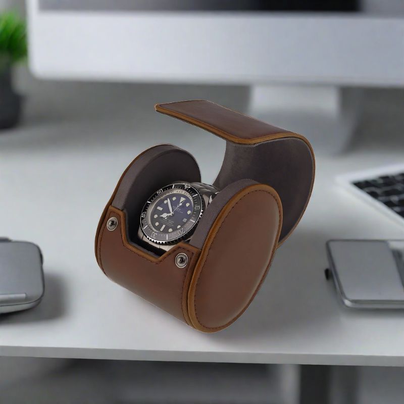 Premium Single Watch Roll Vintage Brown Leather Super Soft Grey Suede Lining