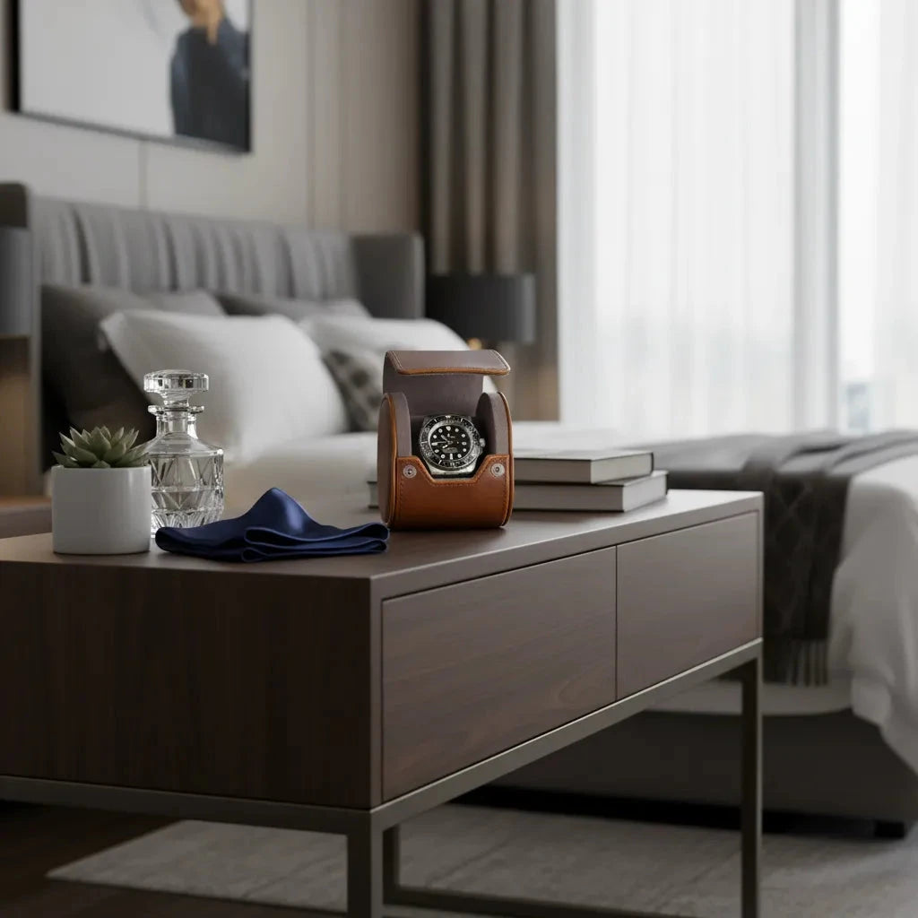 Premium Single Watch Roll Vintage Brown Leather Super Soft Grey Suede Lining