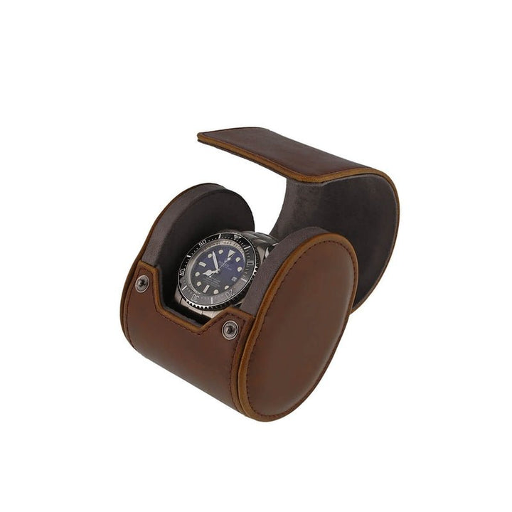 Premium Single Watch Roll Vintage Brown Leather Super Soft Grey Suede Lining