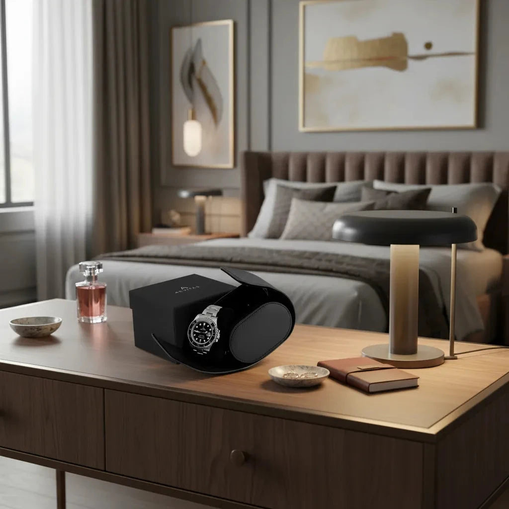 Premium Single Watch Roll in Black Saffiano Leather Super Soft Black Lining