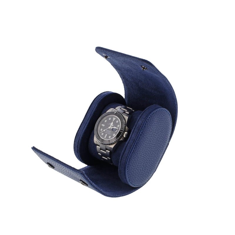Premium Single Watch Roll in Blue Leather with Super Soft Suede Lining