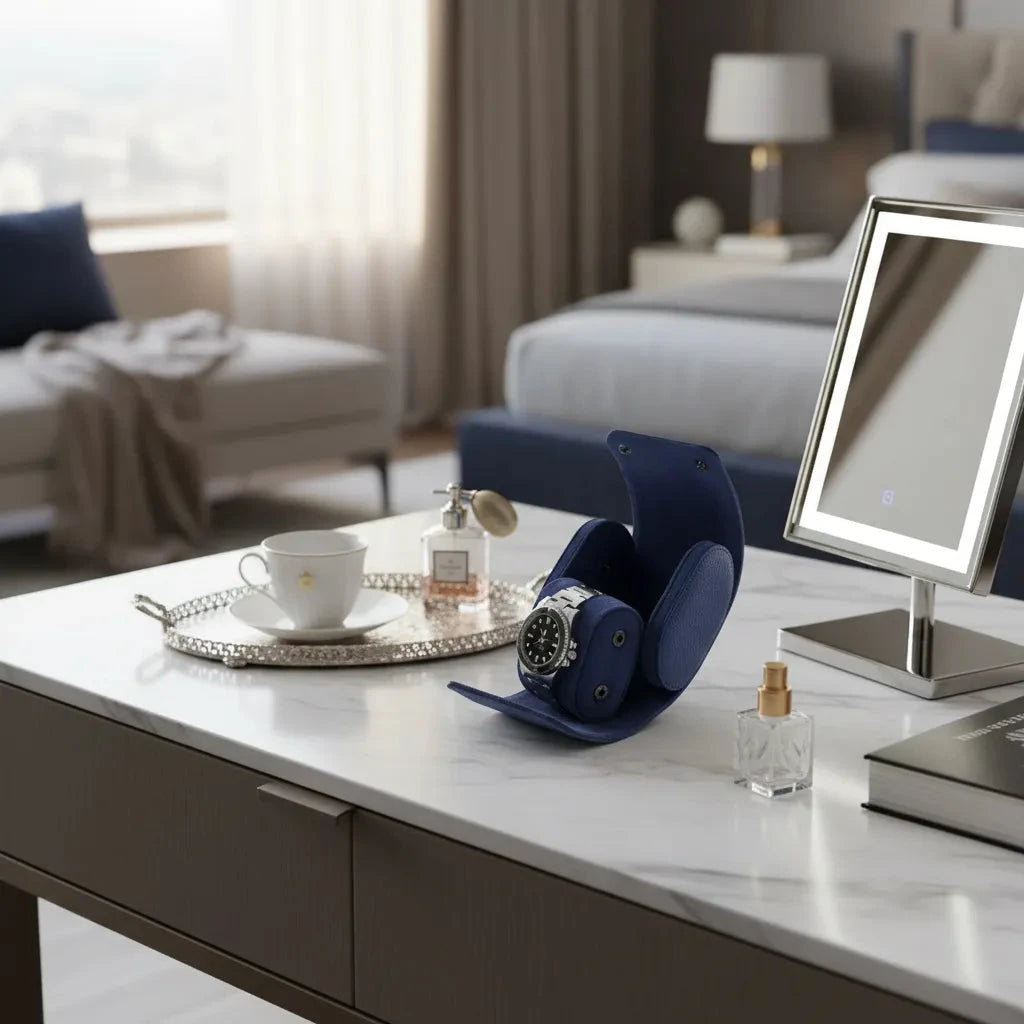 Premium Single Watch Roll in Blue Leather with Super Soft Suede Lining