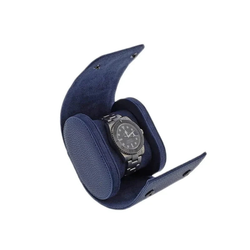 Premium Single Watch Roll in Blue Leather with Super Soft Suede Lining