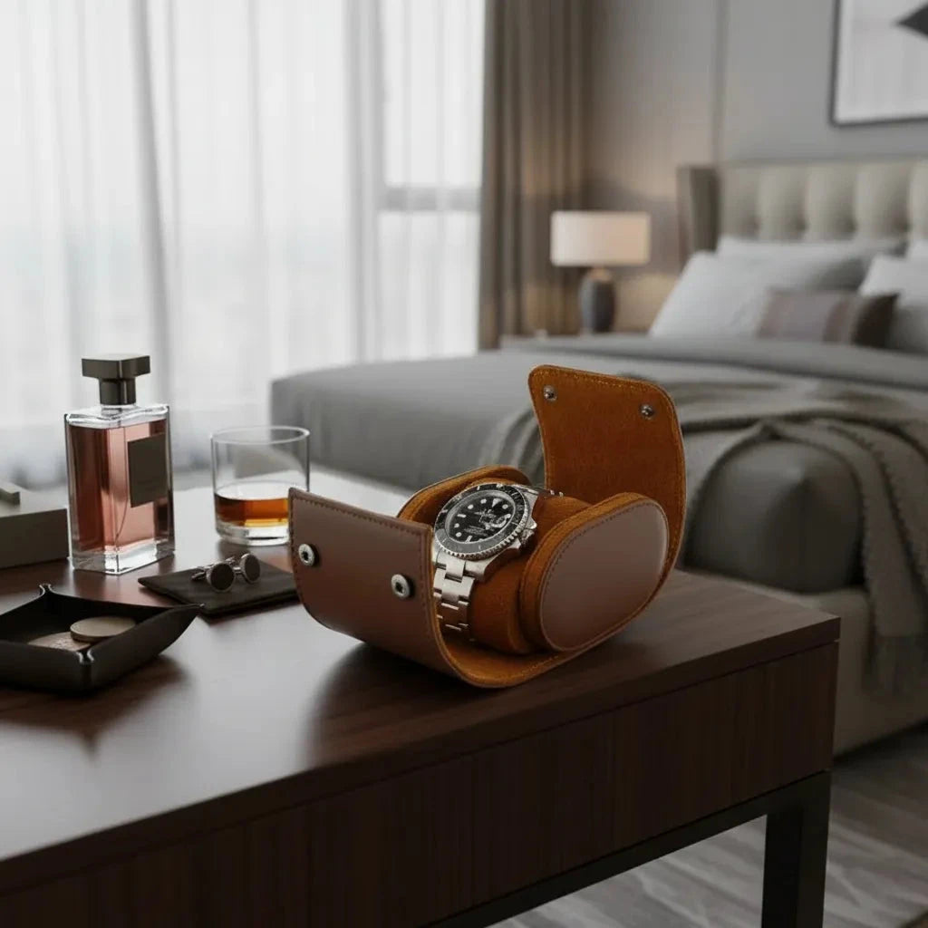 Premium Single Watch Roll in Brown Leather with Super Soft Tan Suede Lining