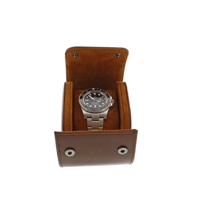 Premium Single Watch Roll in Brown Leather with Super Soft Tan Suede Lining