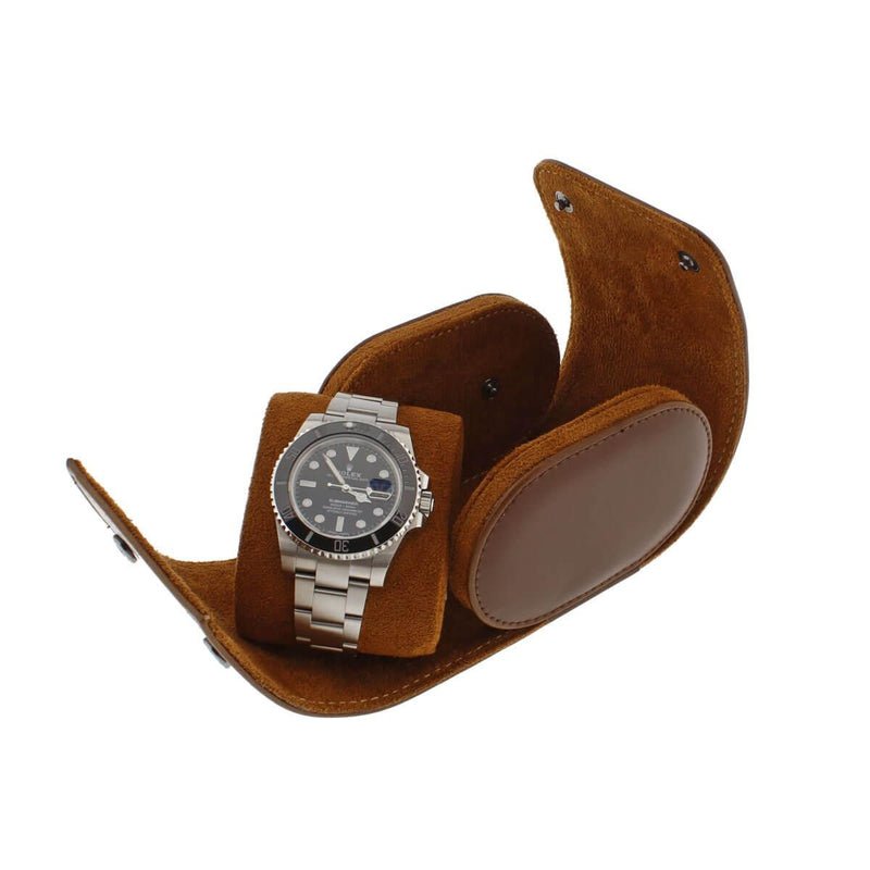 Premium Single Watch Roll in Brown Leather with Super Soft Tan Suede Lining