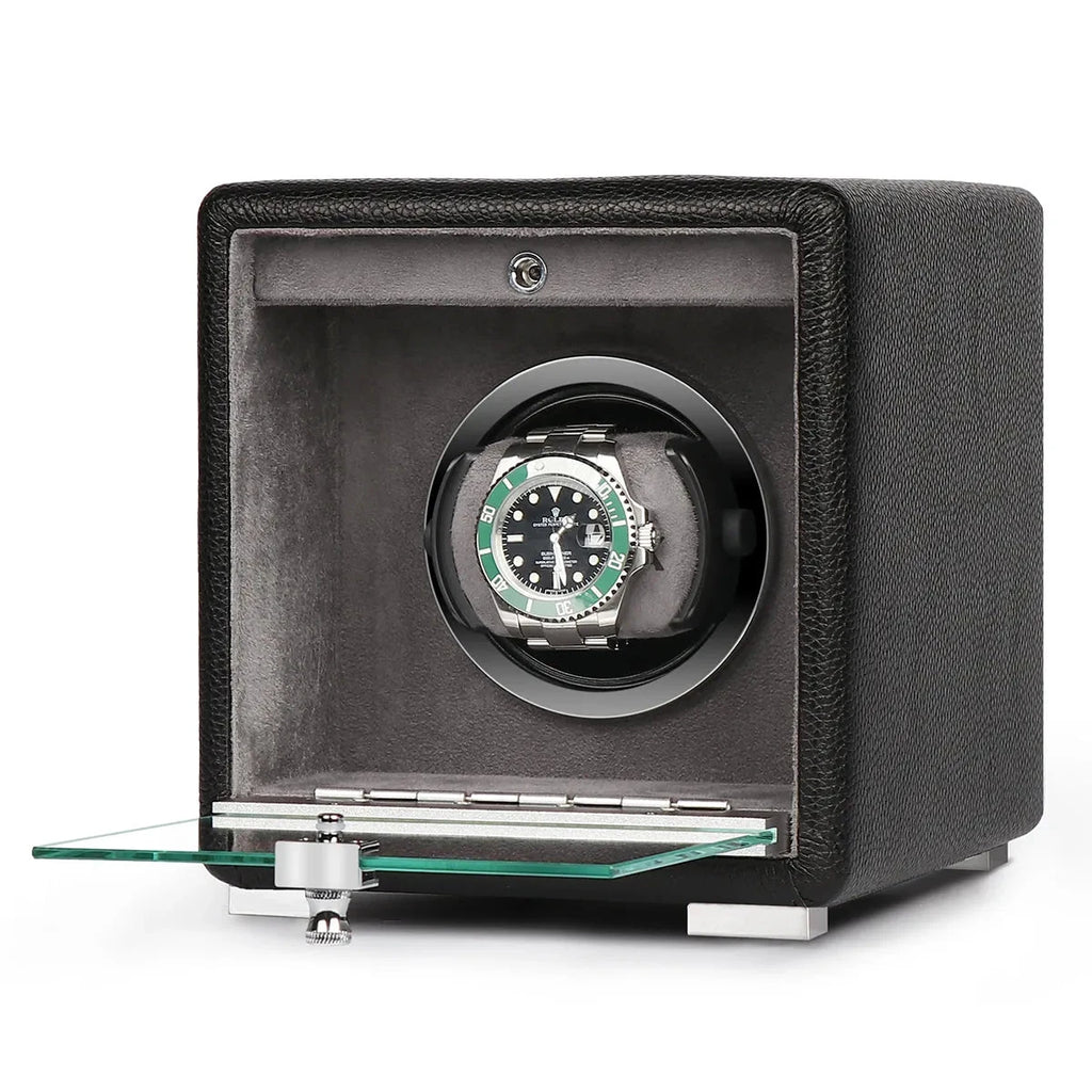 Premium Single Watch Winder Black Genuine Leather Mains Powered by Aevitas