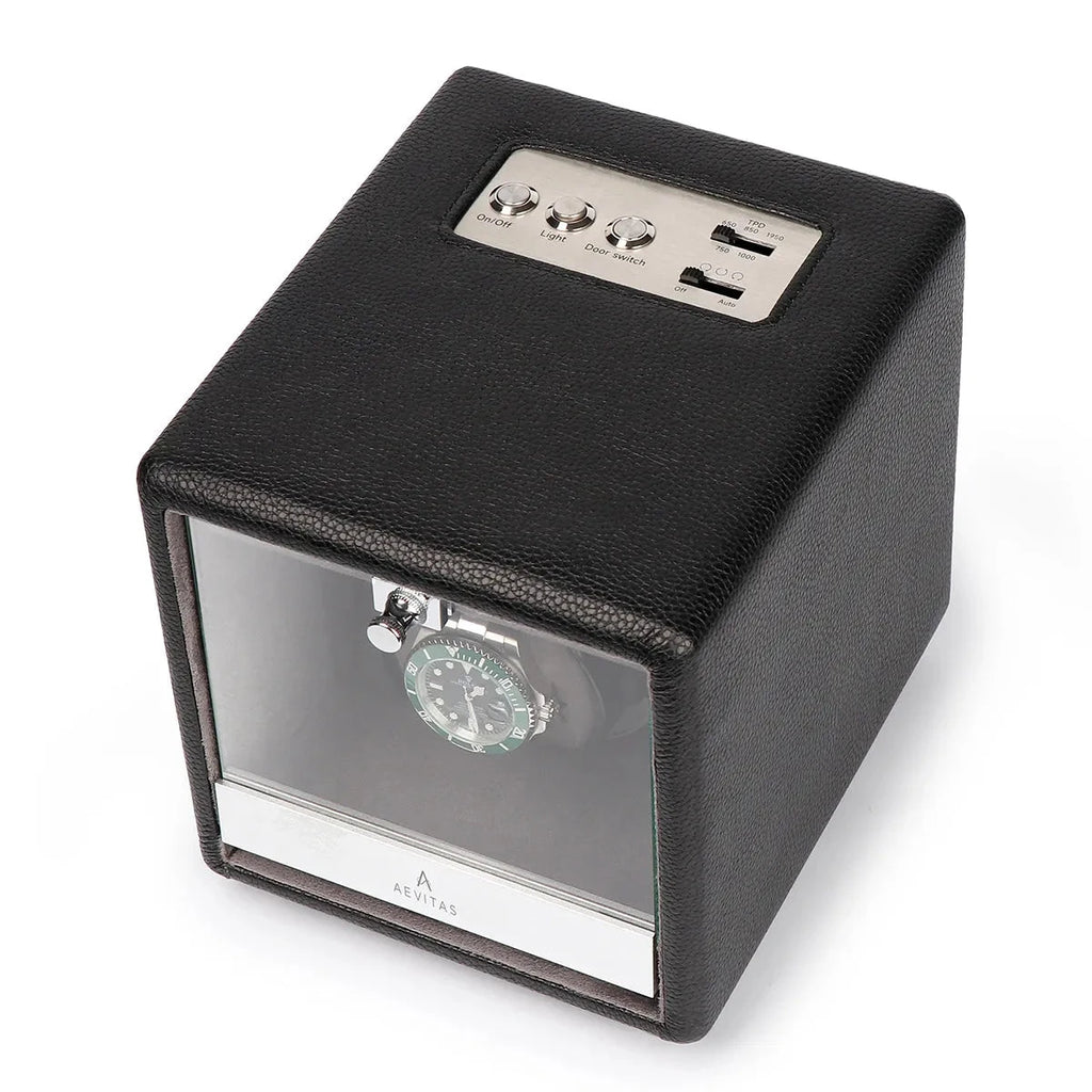 Premium Single Watch Winder Black Genuine Leather Mains Powered by Aevitas