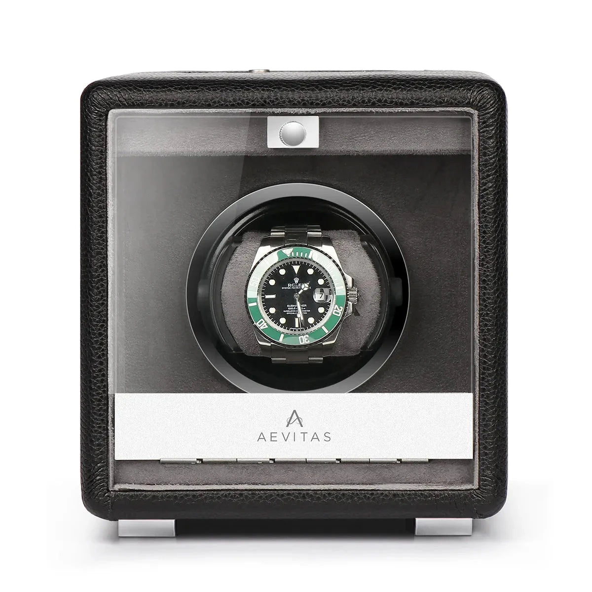 Premium Single Watch Winder Black Genuine Leather Mains Powered by Aevitas