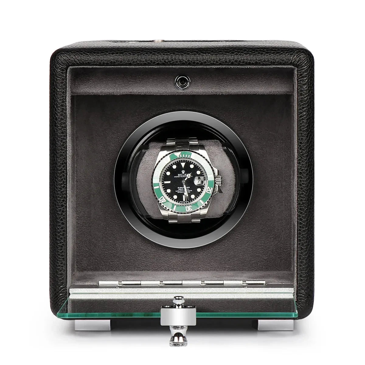 Premium Single Watch Winder Black Genuine Leather Mains Powered by Aevitas