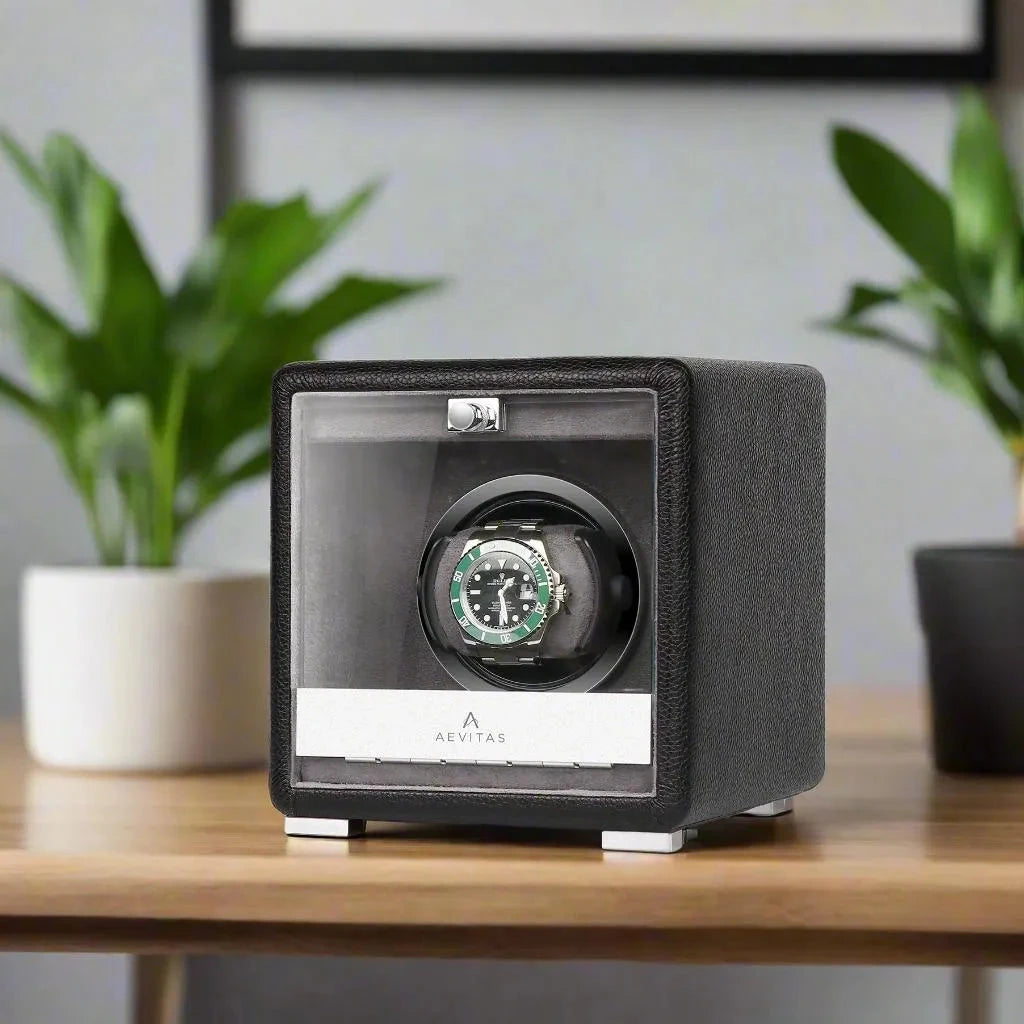 Premium Single Watch Winder Black Genuine Leather Mains Powered by Aevitas