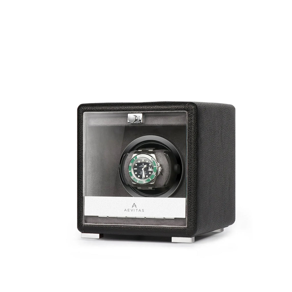 Premium Single Watch Winder Black Genuine Leather Mains Powered by Aevitas
