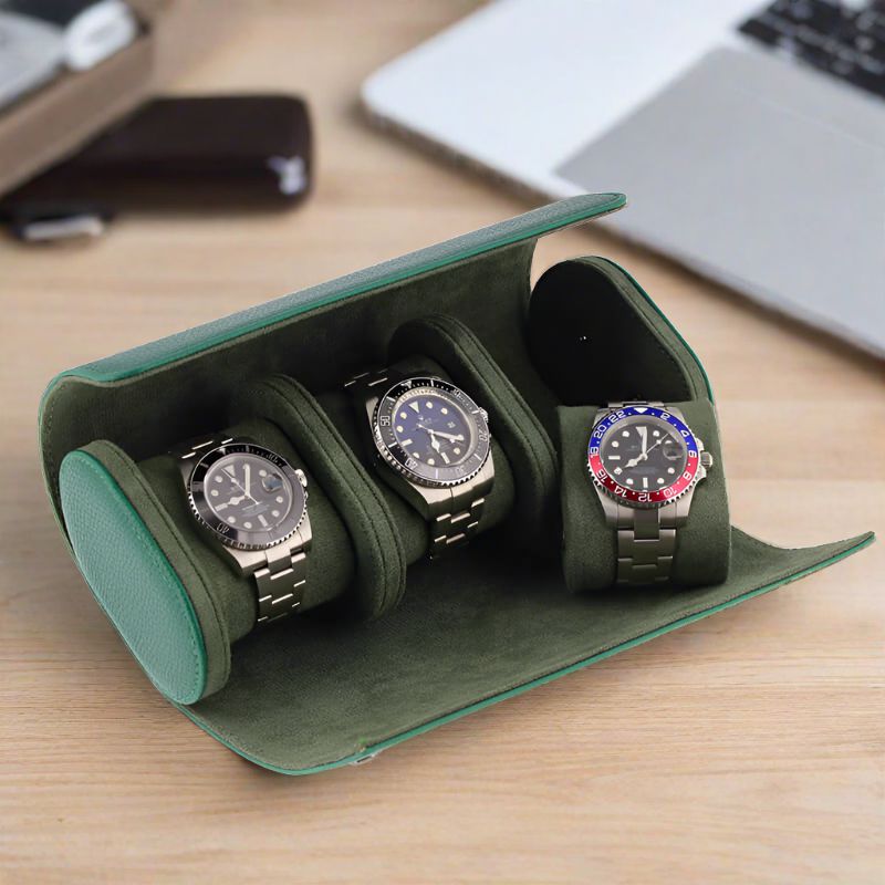 Premium Triple Green Leather Watch Roll with Super Soft Suede Lining