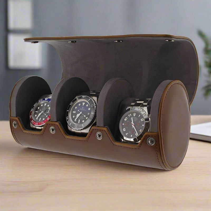 Premium Triple Watch Roll Vintage Brown Leather Super Soft Grey Suede Lining