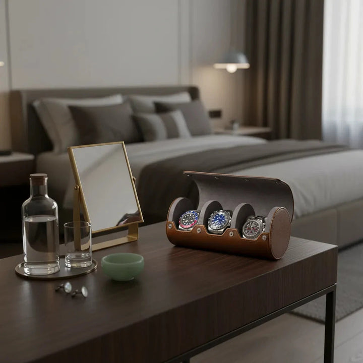 Premium Triple Watch Roll Vintage Brown Leather Super Soft Grey Suede Lining