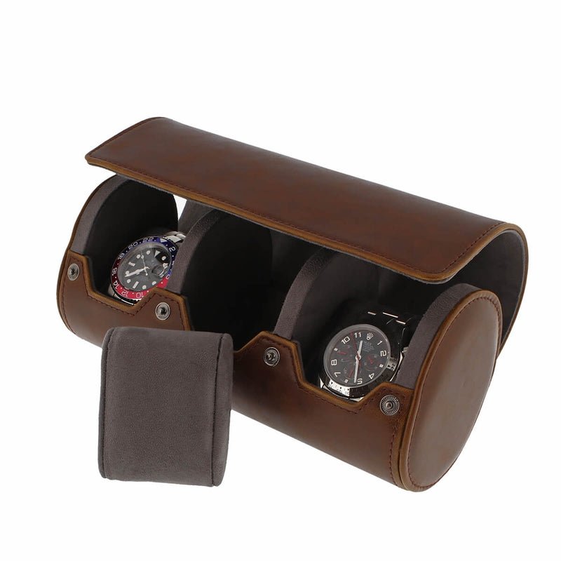 Premium Triple Watch Roll Vintage Brown Leather Super Soft Grey Suede Lining
