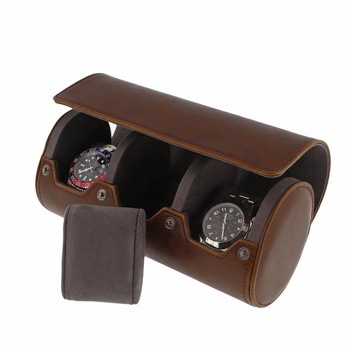 Premium Triple Watch Roll Vintage Brown Leather Super Soft Grey Suede Lining