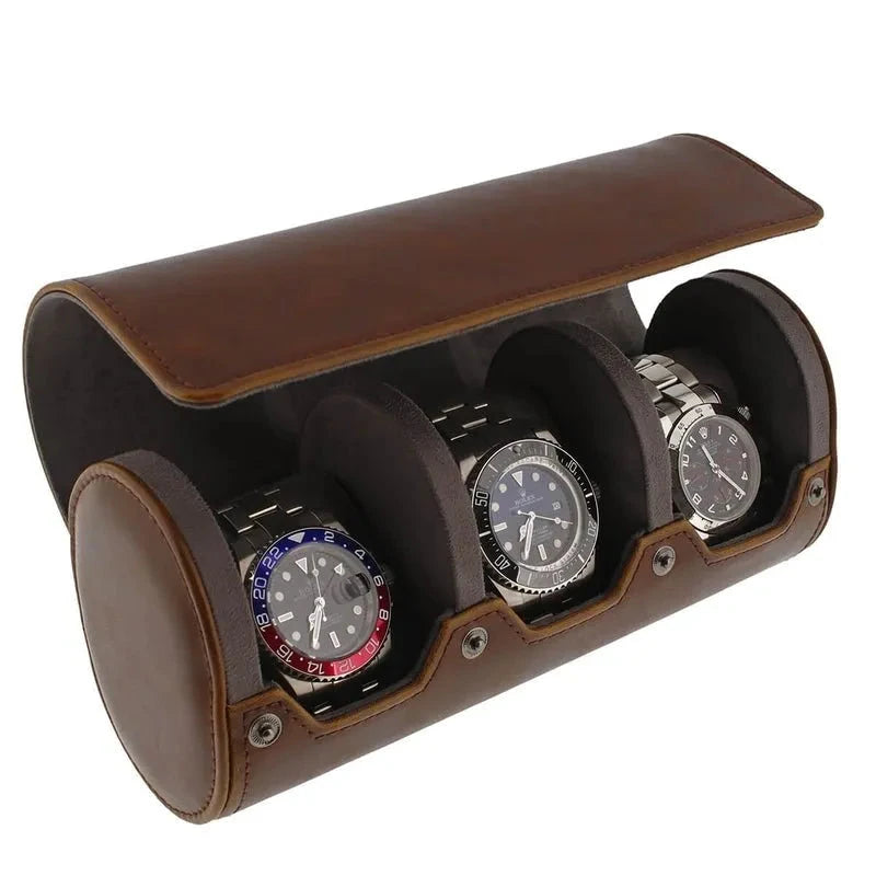 Premium Triple Watch Roll Vintage Brown Leather Super Soft Grey Suede Lining