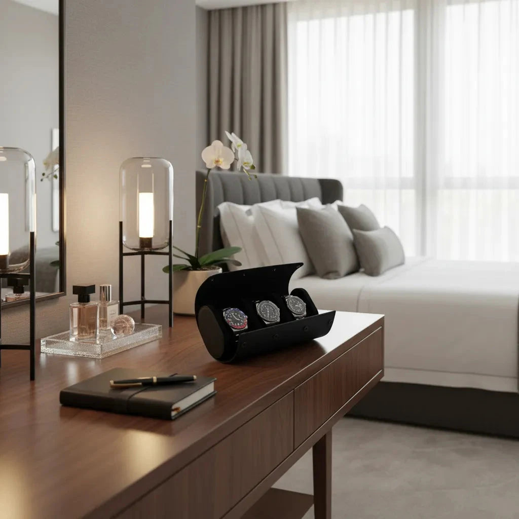 Premium Triple Watch Roll in Black Saffiano Leather with Super Black Suede Lining