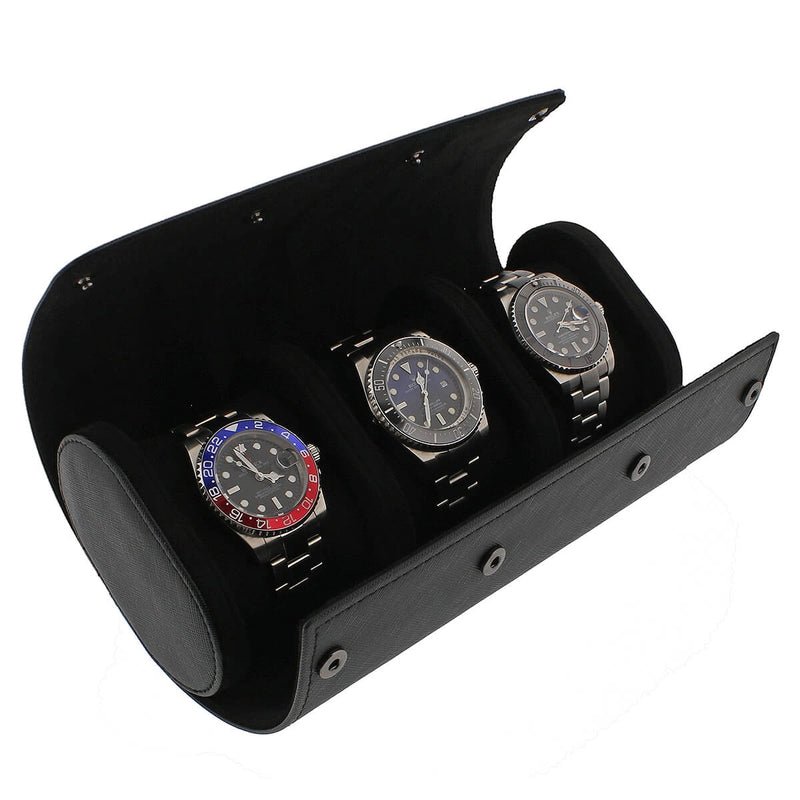 Premium Triple Watch Roll in Black Saffiano Leather with Super Black Suede Lining