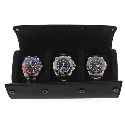 Premium Triple Watch Roll in Black Saffiano Leather with Super Black Suede Lining