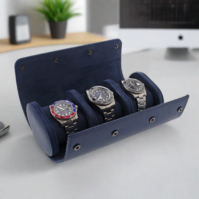 Premium Triple Watch Roll in Blue Leather with Super Soft Suede Lining