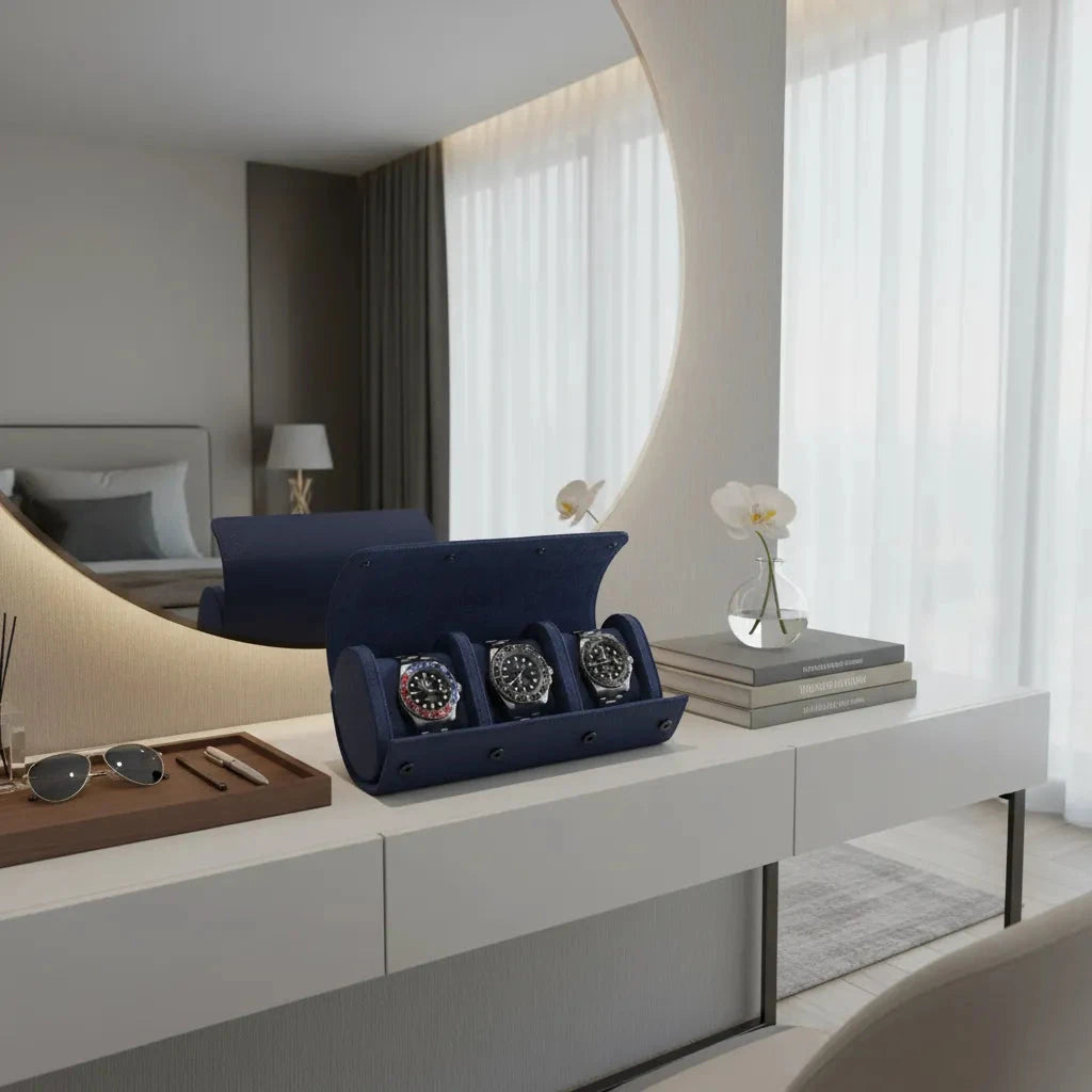 Premium Triple Watch Roll in Blue Leather with Super Soft Suede Lining