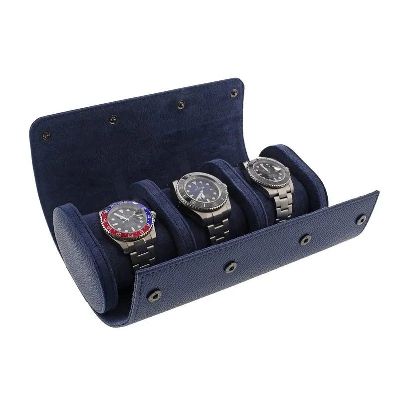 Premium Triple Watch Roll in Blue Leather with Super Soft Suede Lining
