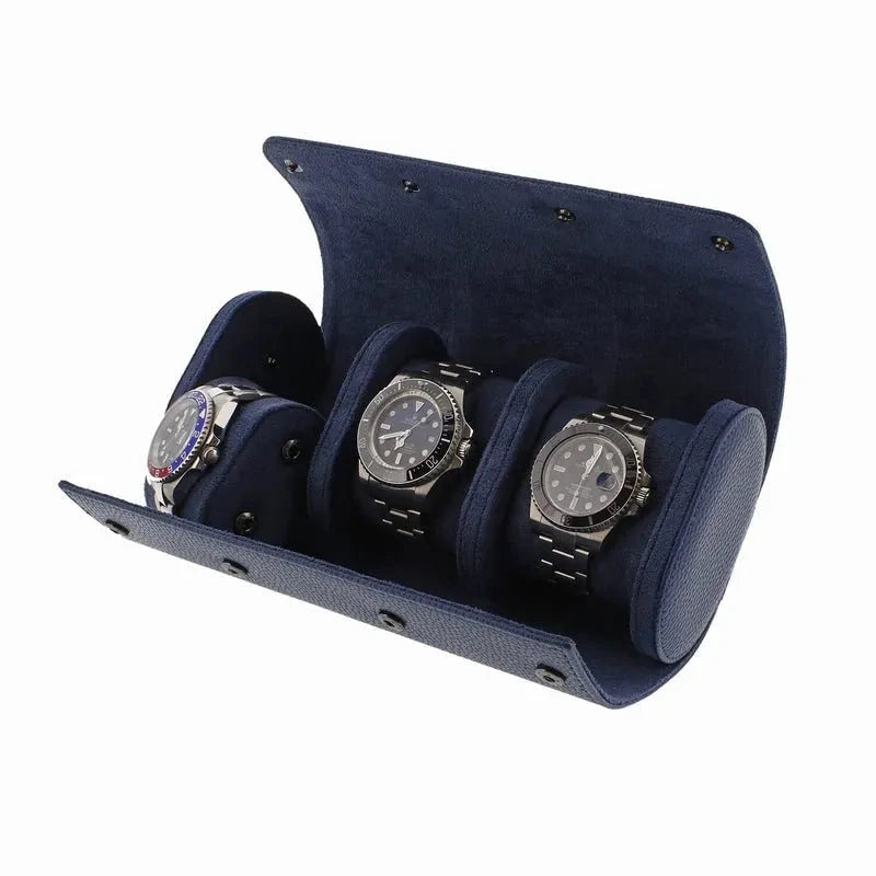 Premium Triple Watch Roll in Blue Leather with Super Soft Suede Lining