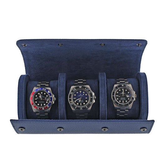 Premium Triple Watch Roll in Blue Leather with Super Soft Suede Lining