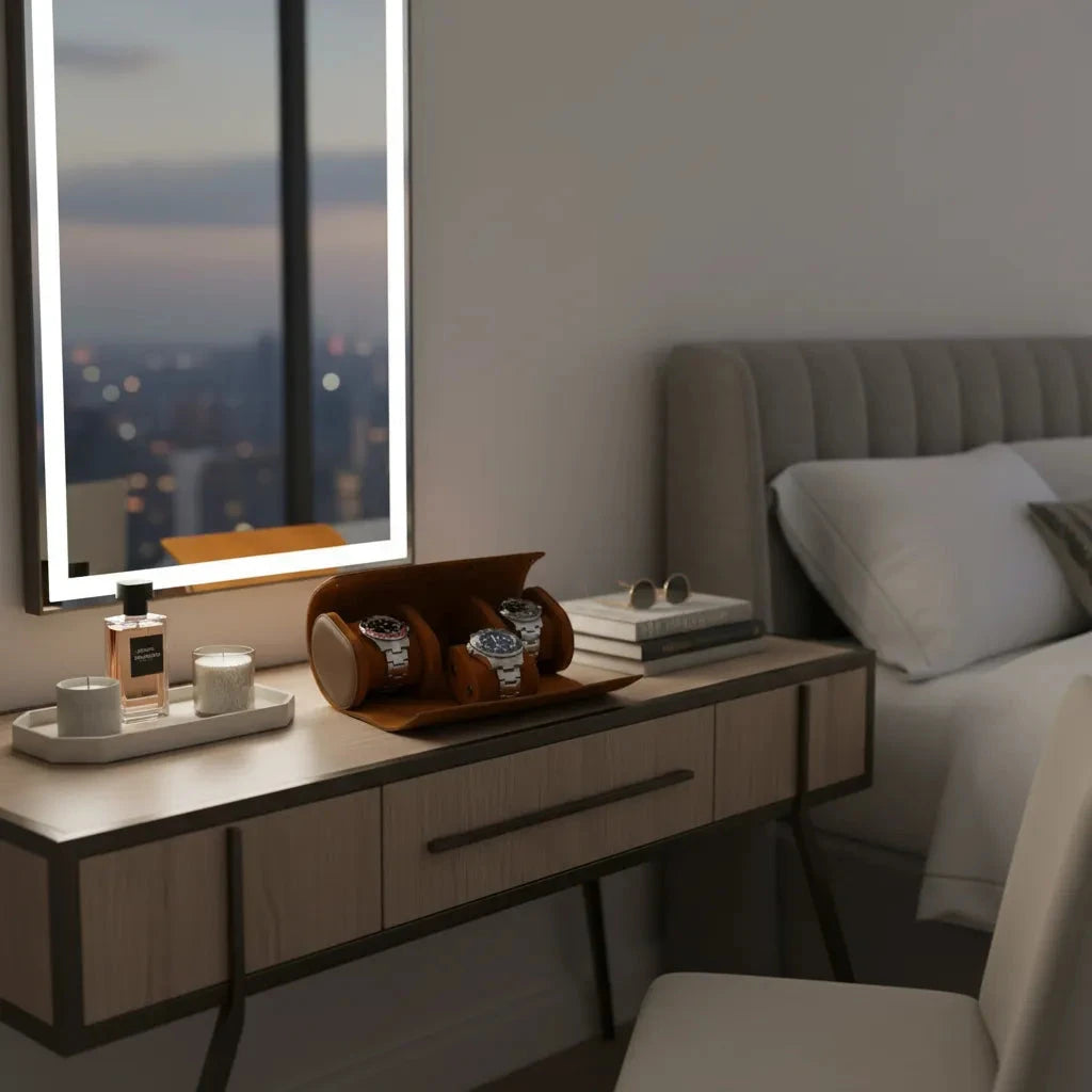 Premium Triple Watch Roll in Brown Leather with Super Soft Tan Suede Lining