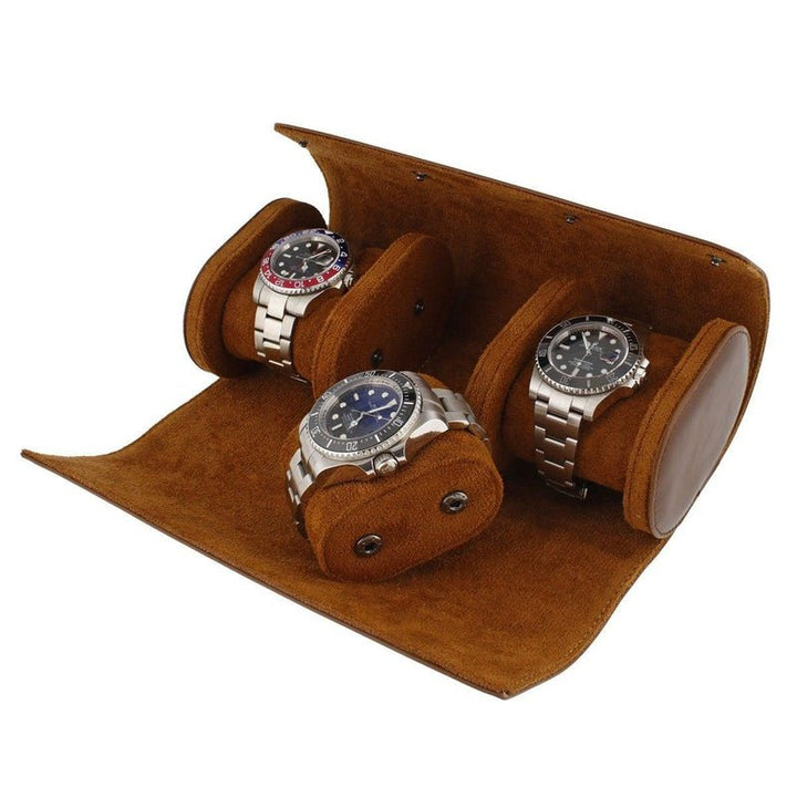 Premium Triple Watch Roll in Brown Leather with Super Soft Tan Suede Lining