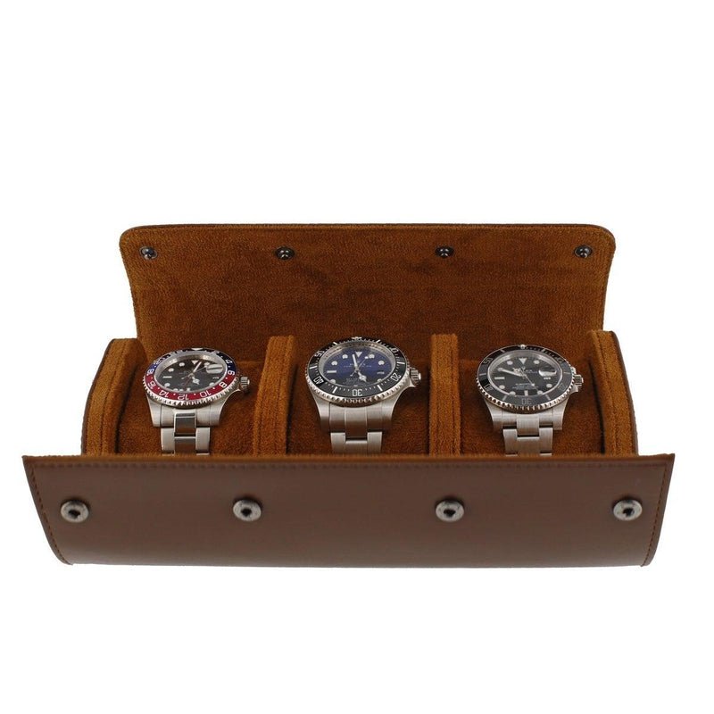 Premium Triple Watch Roll in Brown Leather with Super Soft Tan Suede Lining