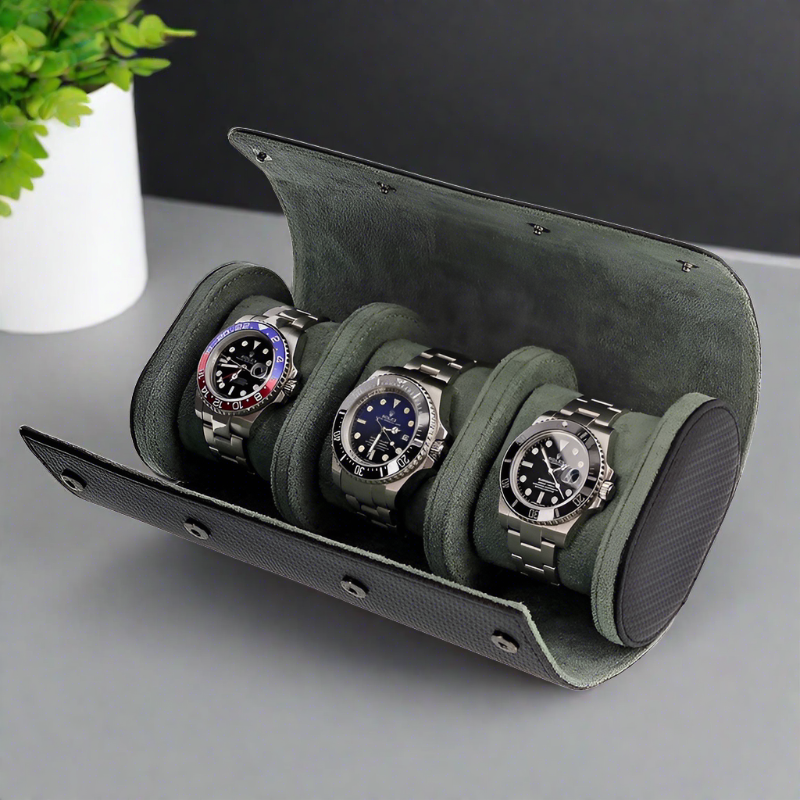Premium Triple Watch Roll in Carbon Fibre Leather Super Soft Green Lining