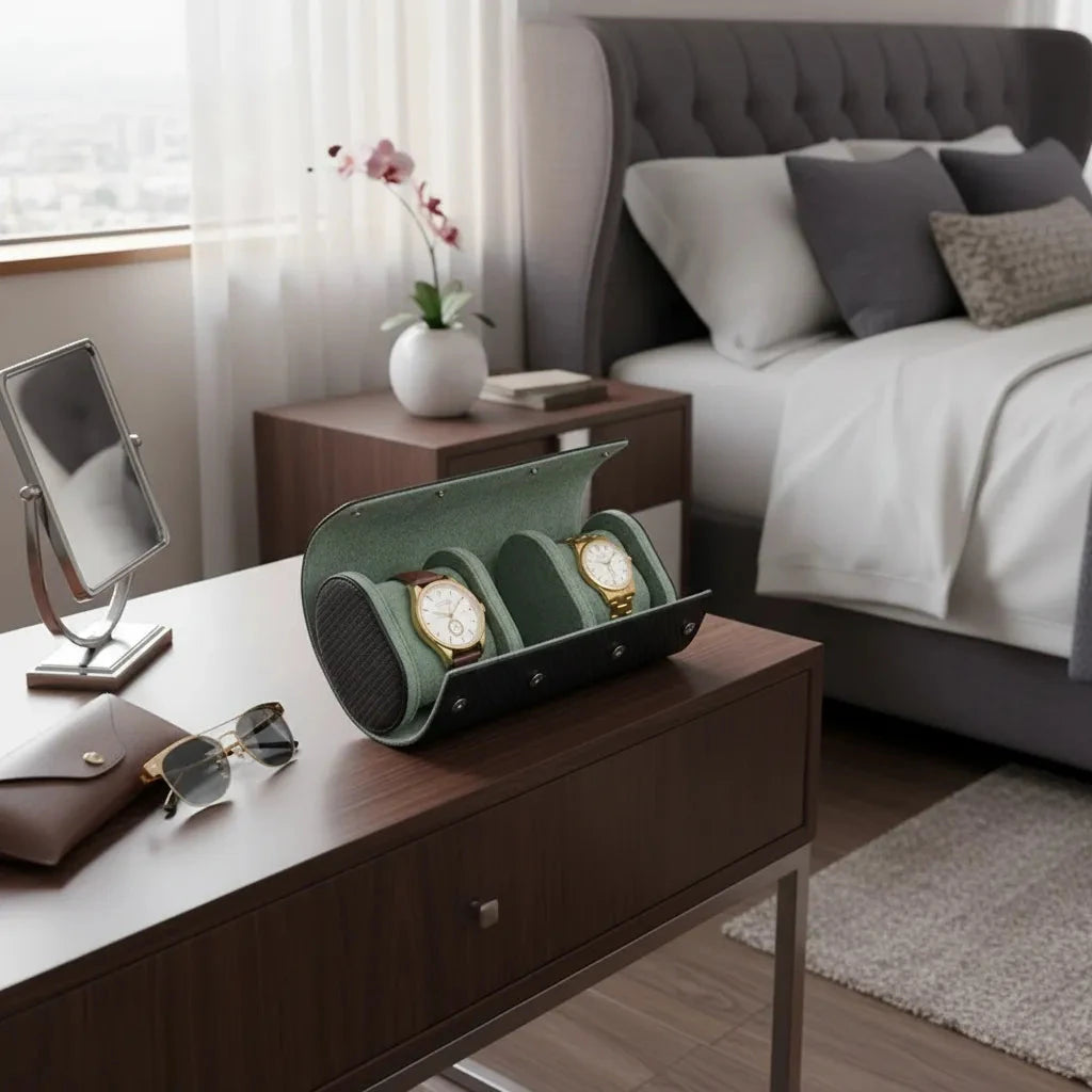 Premium Triple Watch Roll in Carbon Fibre Leather Super Soft Green Lining