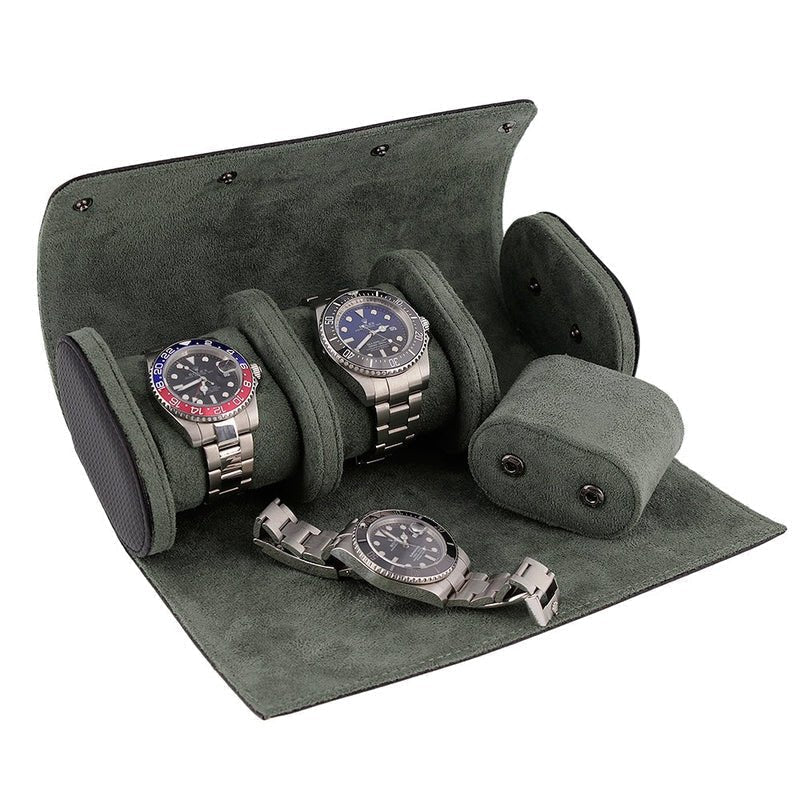 Premium Triple Watch Roll in Carbon Fibre Leather Super Soft Green Lining