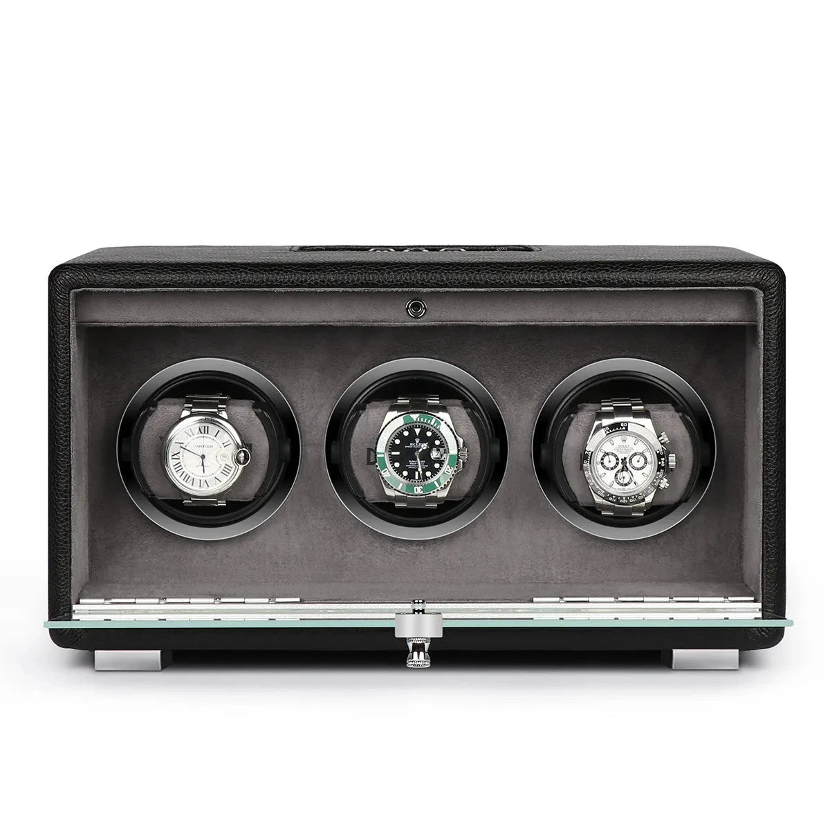 Premium Triple Watch Winder Black Genuine Leather Mains Powered by Aevitas