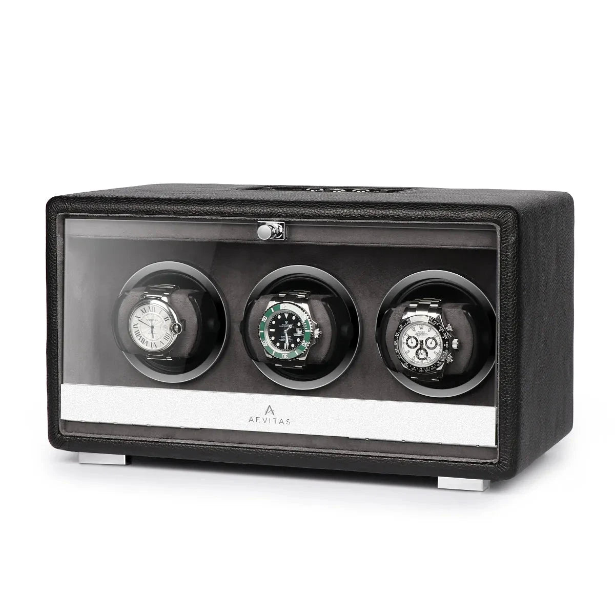 Premium Triple Watch Winder Black Genuine Leather Mains Powered by Aevitas