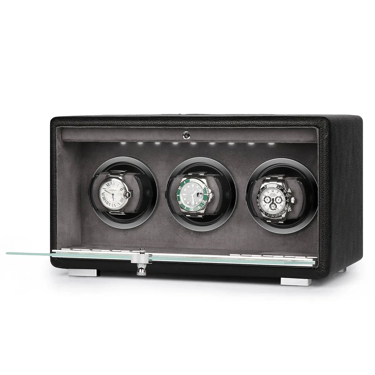 Premium Triple Watch Winder Black Genuine Leather Mains Powered by Aevitas