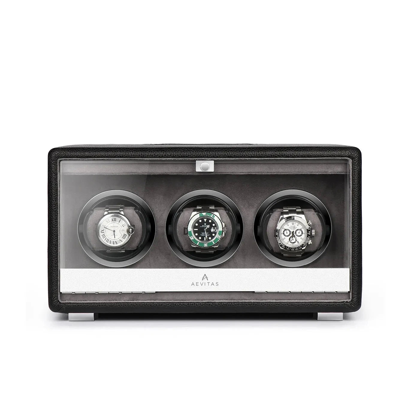 Premium Triple Watch Winder Black Genuine Leather Mains Powered by Aevitas
