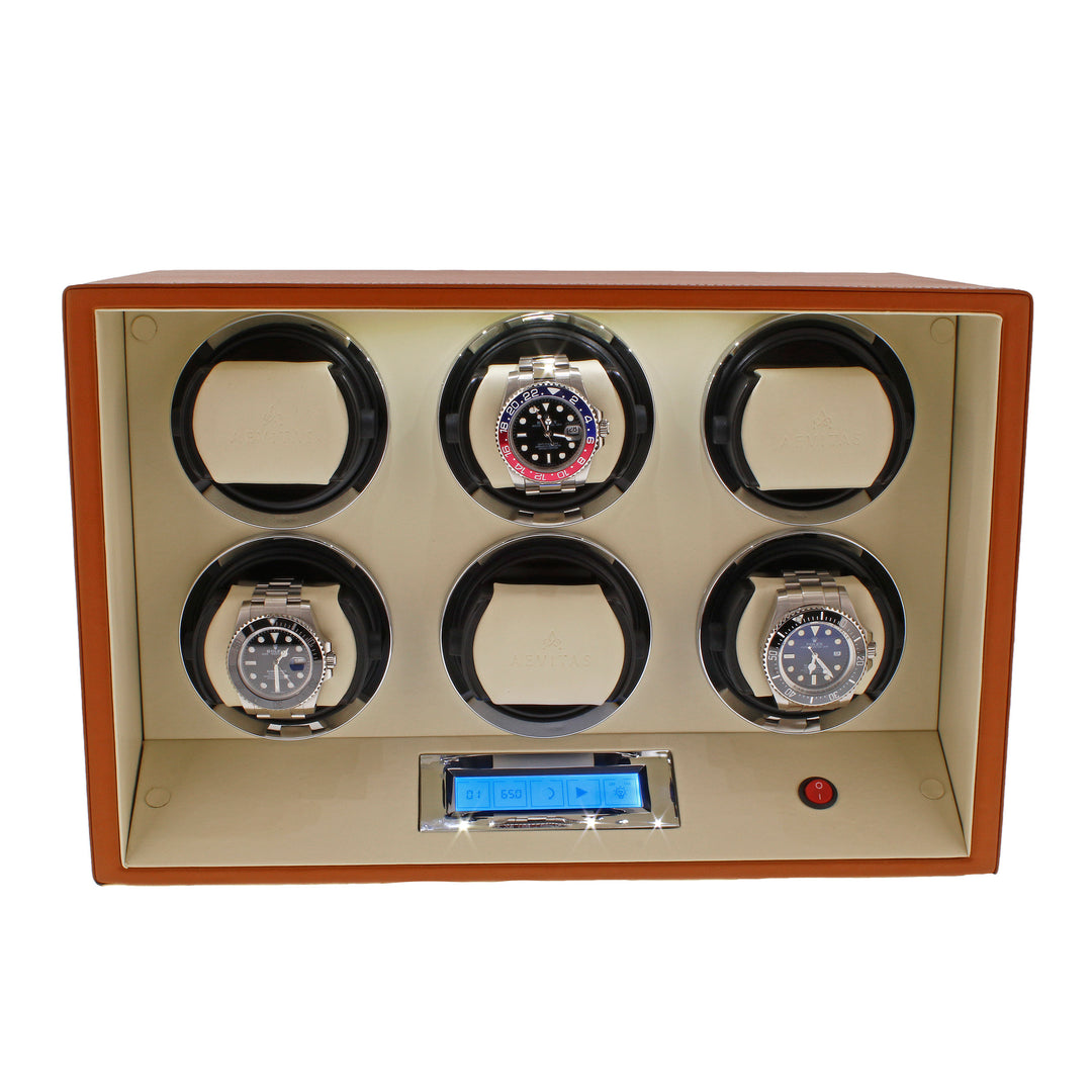 6 Watch Winder Safe Module Brown Smooth Leather Finish by Aevitas