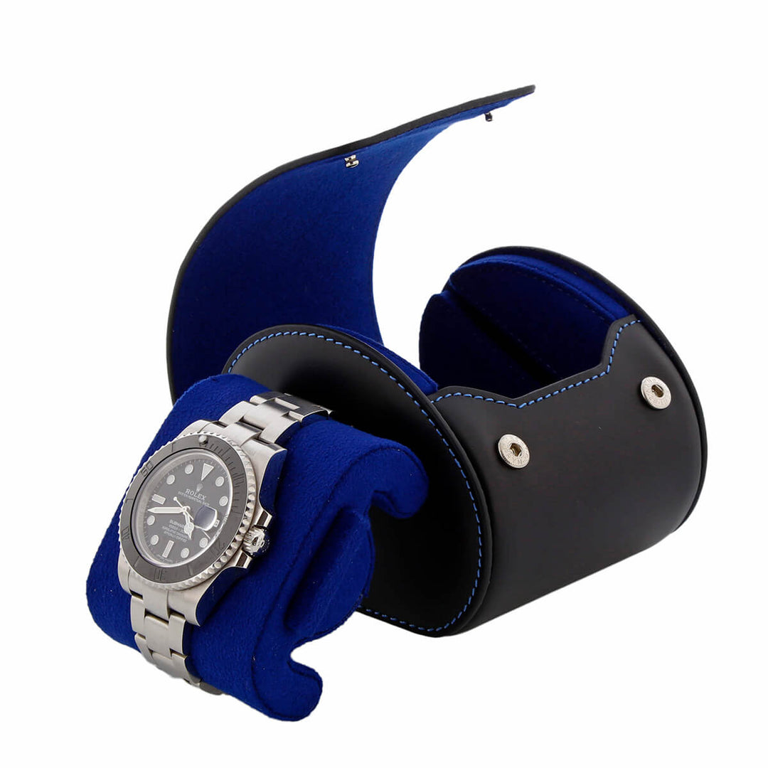 Single Watch Roll Case in Premium Black Nappa Leather with Blue Lining by Aevitas