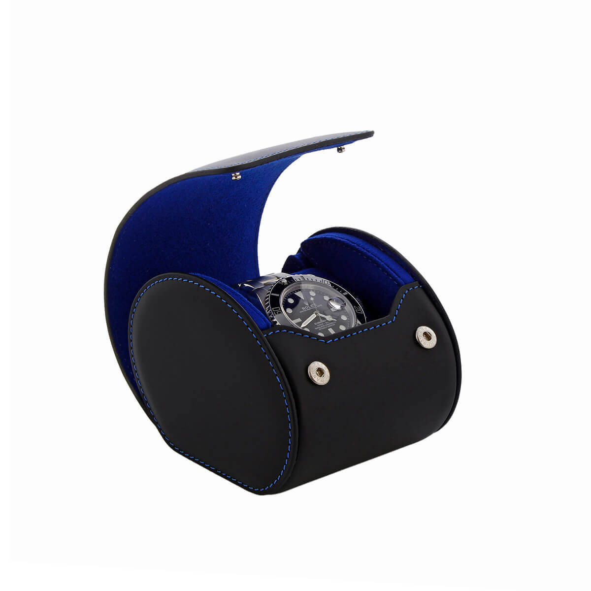 Single Watch Roll Case in Premium Black Nappa Leather with Blue Lining by Aevitas