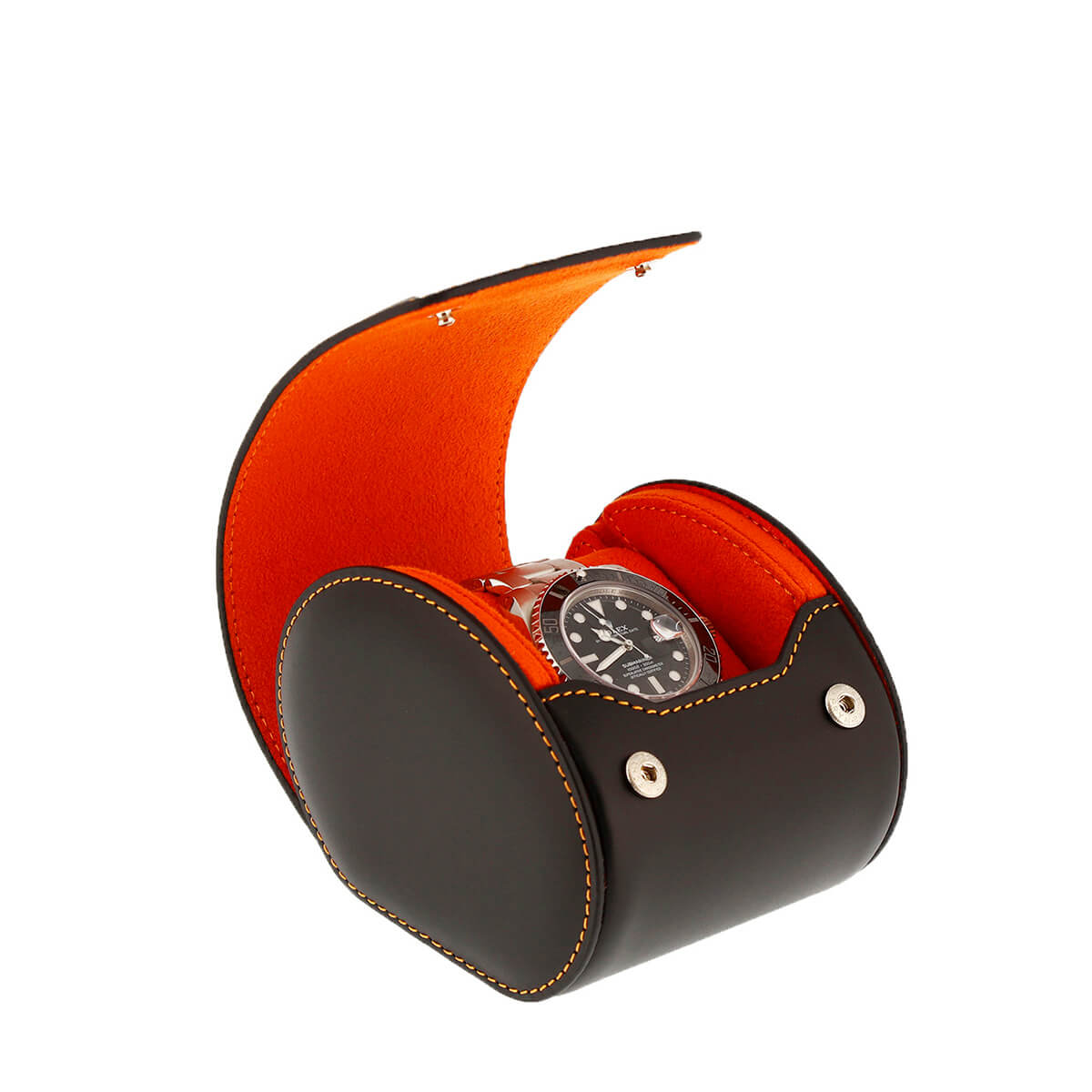 Single Watch Roll Case in Premium Black Nappa Leather with Orange Lining by Aevitas