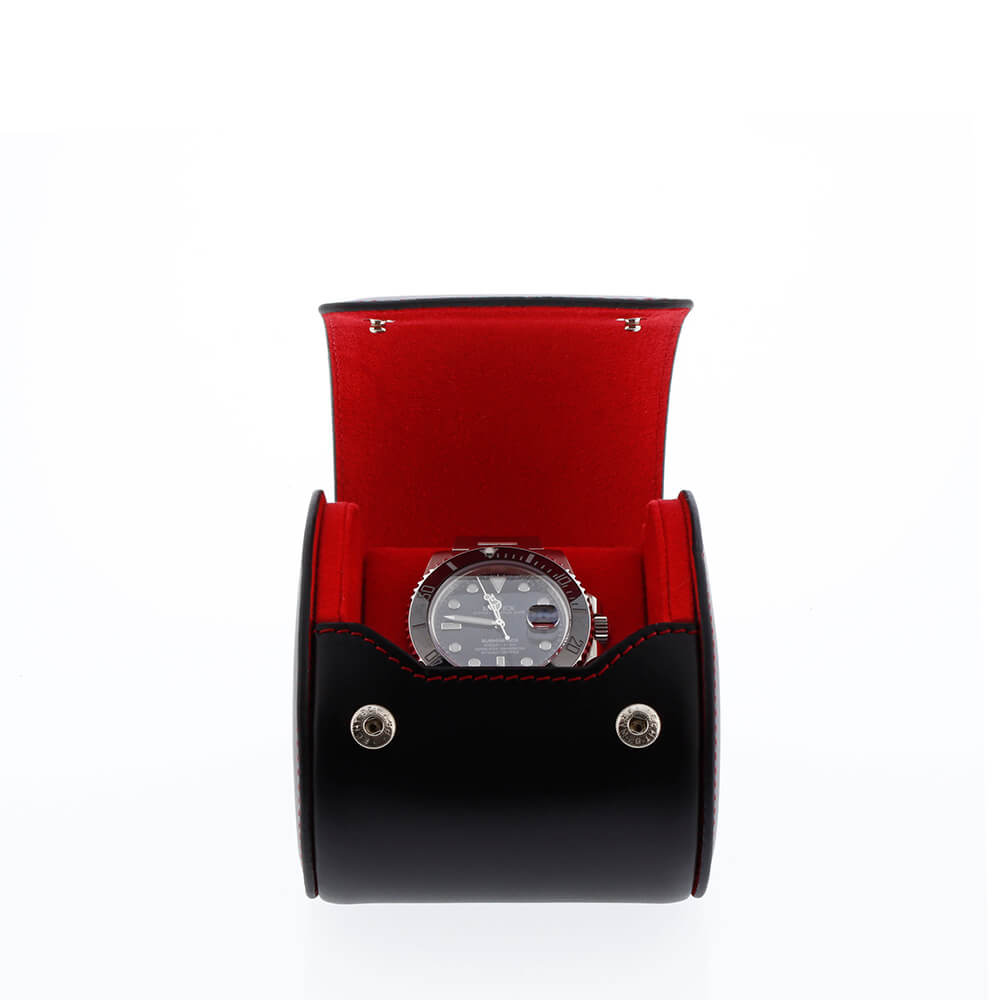 Single Watch Roll Case in Premium Black Nappa Leather with Red Lining by Aevitas