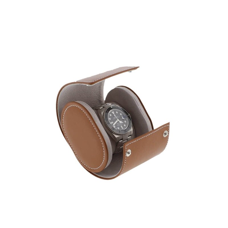 Single Watch Roll in Medium Brown Leather with Super Soft Lining